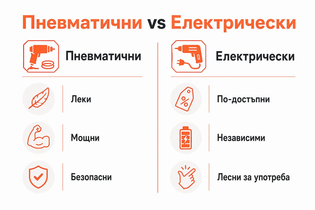 Вижте инфографиката, която показва основните разлики и плюсове между пневматичните и електрическите инструменти.