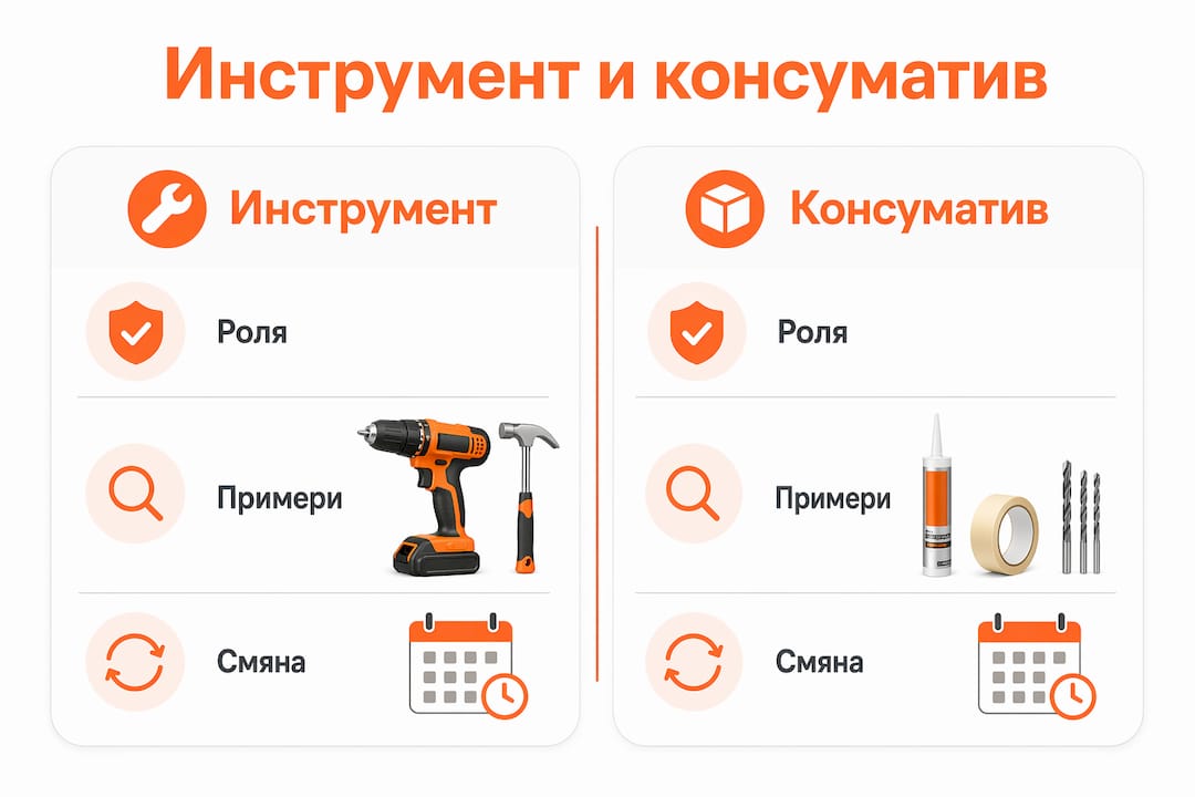 Инфографика, която показва разликите между инструмент и консуматив