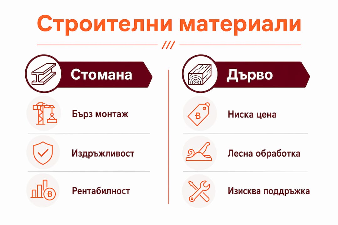 Сравнителна инфографика: стомана срещу дърво – предимства и недостатъци