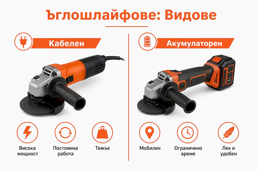 Вижте инфографиката, която показва основните разлики между кабелен и акумулаторен ъглошлайф.