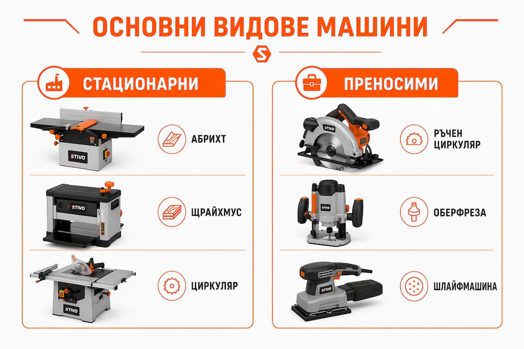 Инфографика, представяща различните видове машини за обработка на дърво