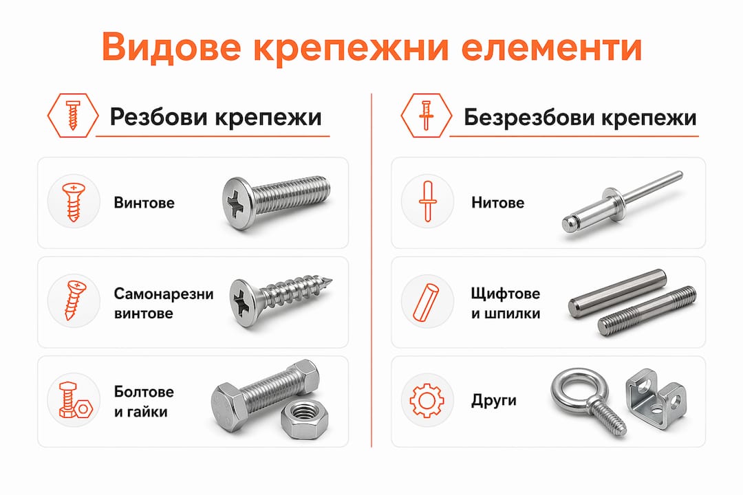 Инфографика, която представя различните видове крепежи и тяхното приложение