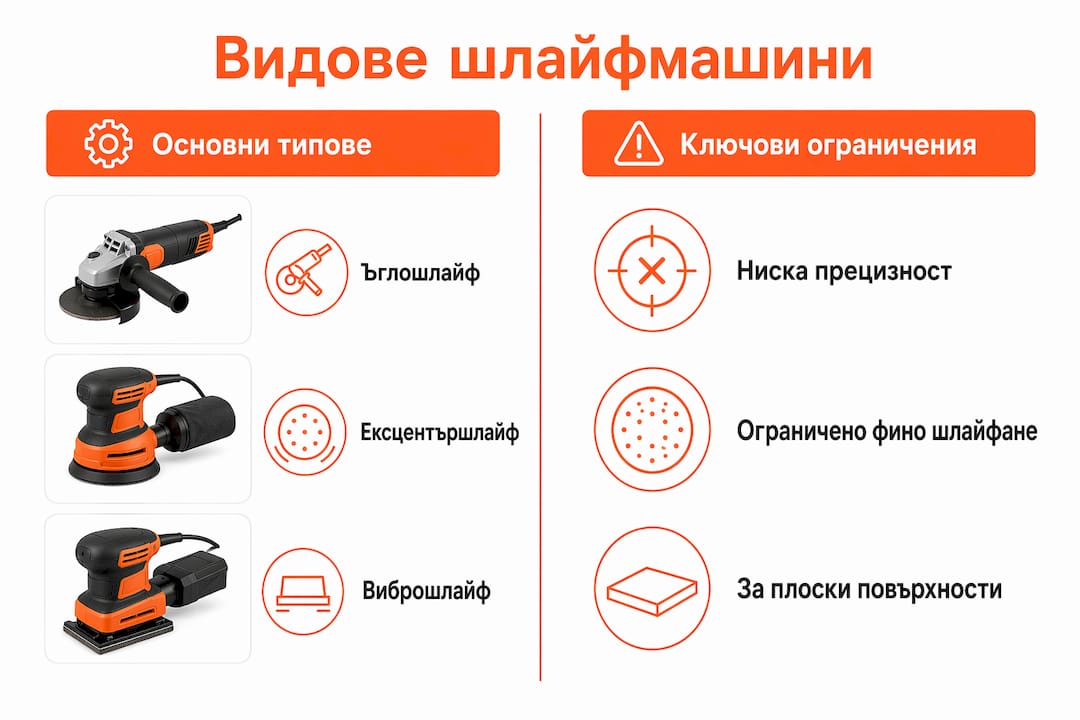 Визуално сравнение на различни модели шлайфмашини в удобна таблица