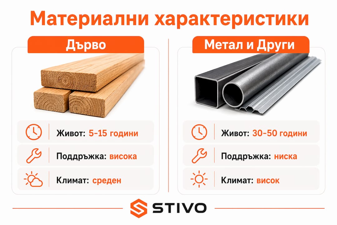 Инфографика, която показва предимствата и недостатъците на различните материали за градински беседки