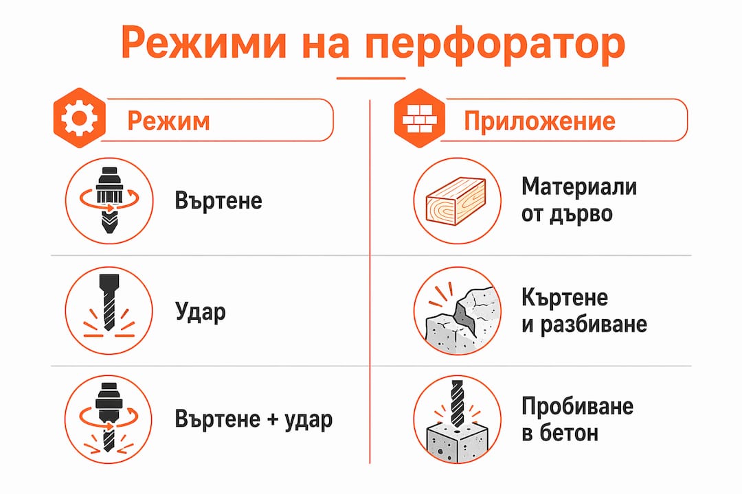 Графика, показваща различните режими и приложения на перфоратора