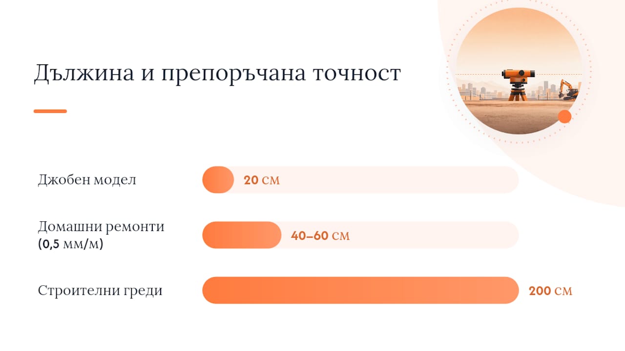 Схема, която показва как се променя точността на нивелира според дължината му.