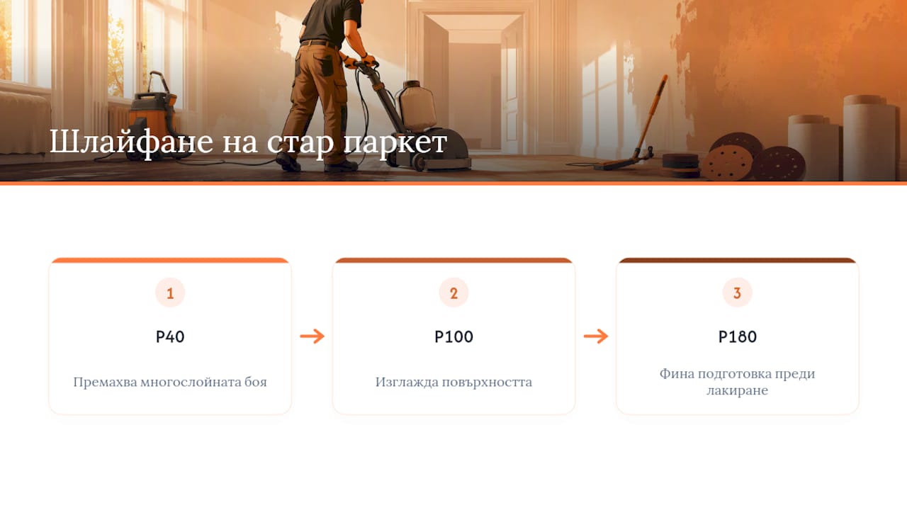 Подредба P40, P100, P180 за паркет