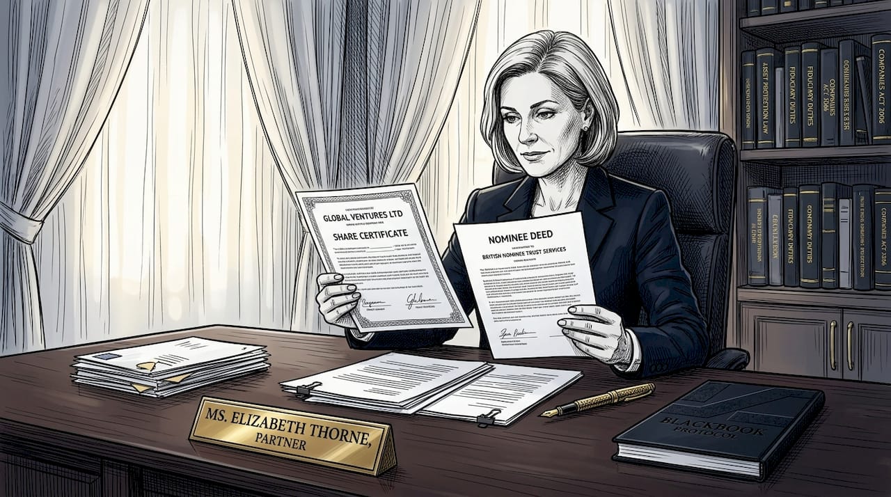 Businesswoman reviewing shareholder trust documents