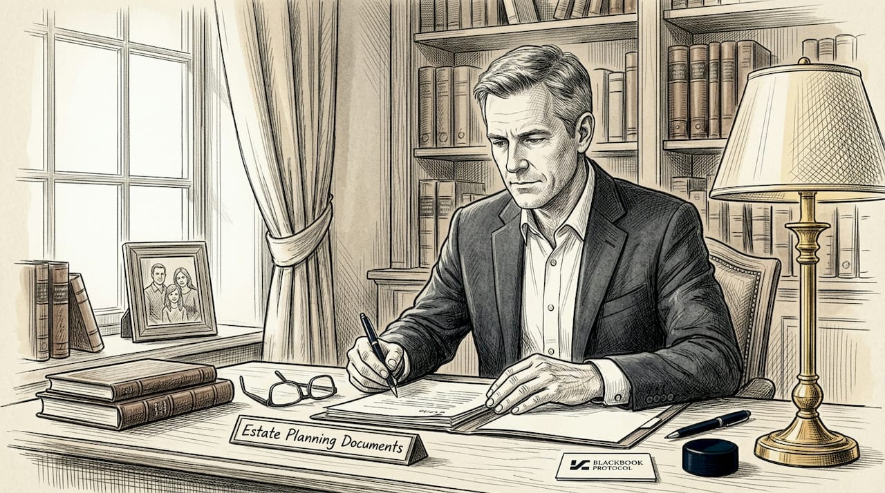 Founder reviews estate documents at cluttered desk