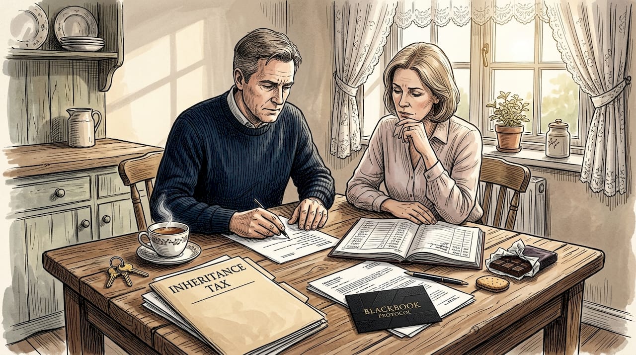 Couple reviewing tax documents at kitchen table