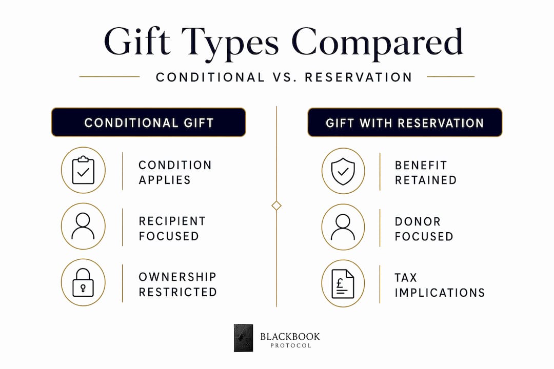 Infographic comparing conditional gifts and gifts with reservation