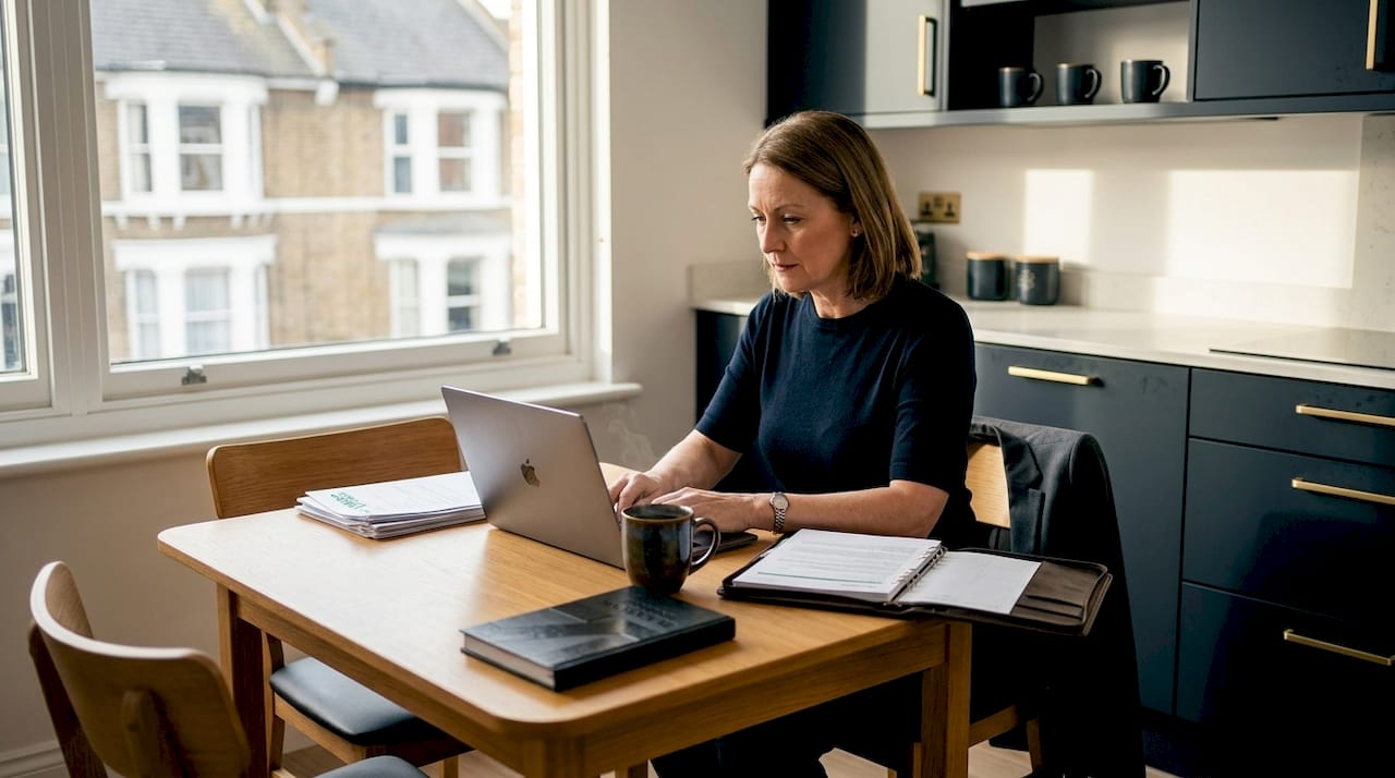 Trustee filling HMRC forms at home kitchen table