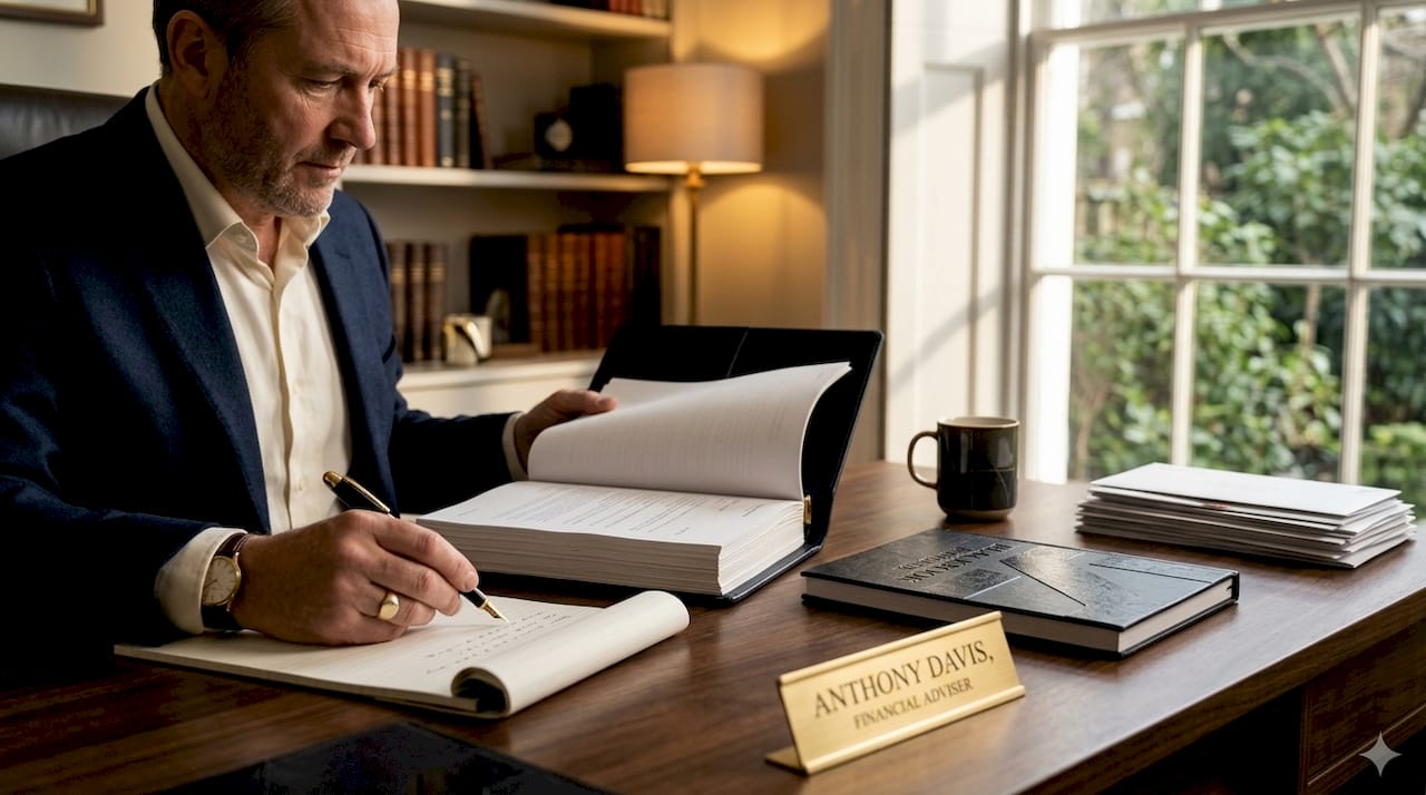 Advisor reviews trust documents at desk