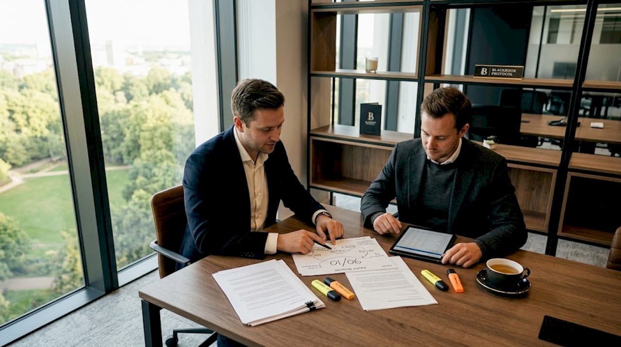 Founders reviewing equity split in city office