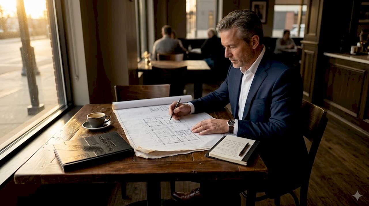 Business owner reading blueprint at law office table