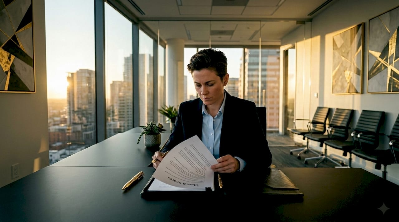 Founder reviewing class B share document in boardroom