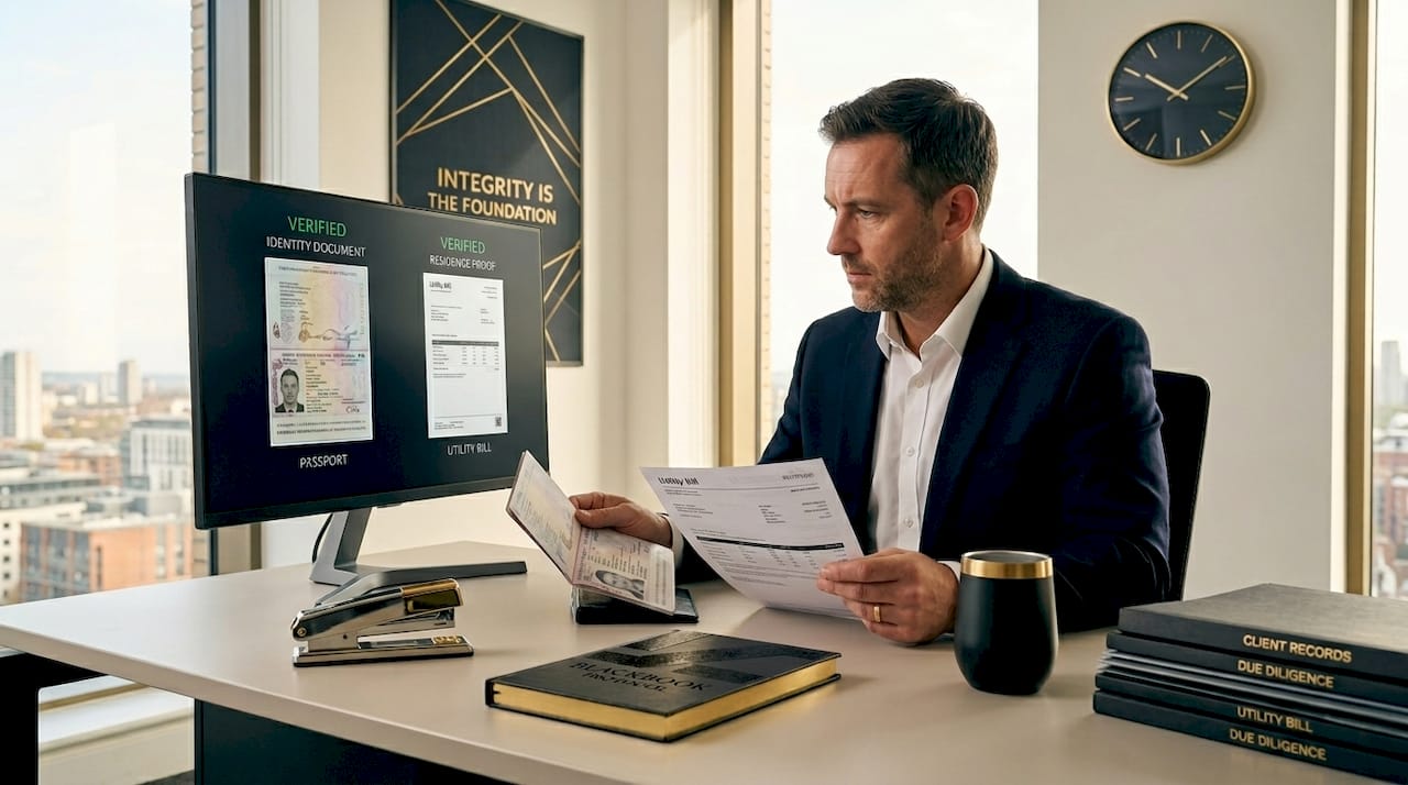 Compliance officer verifying identity documents at desk