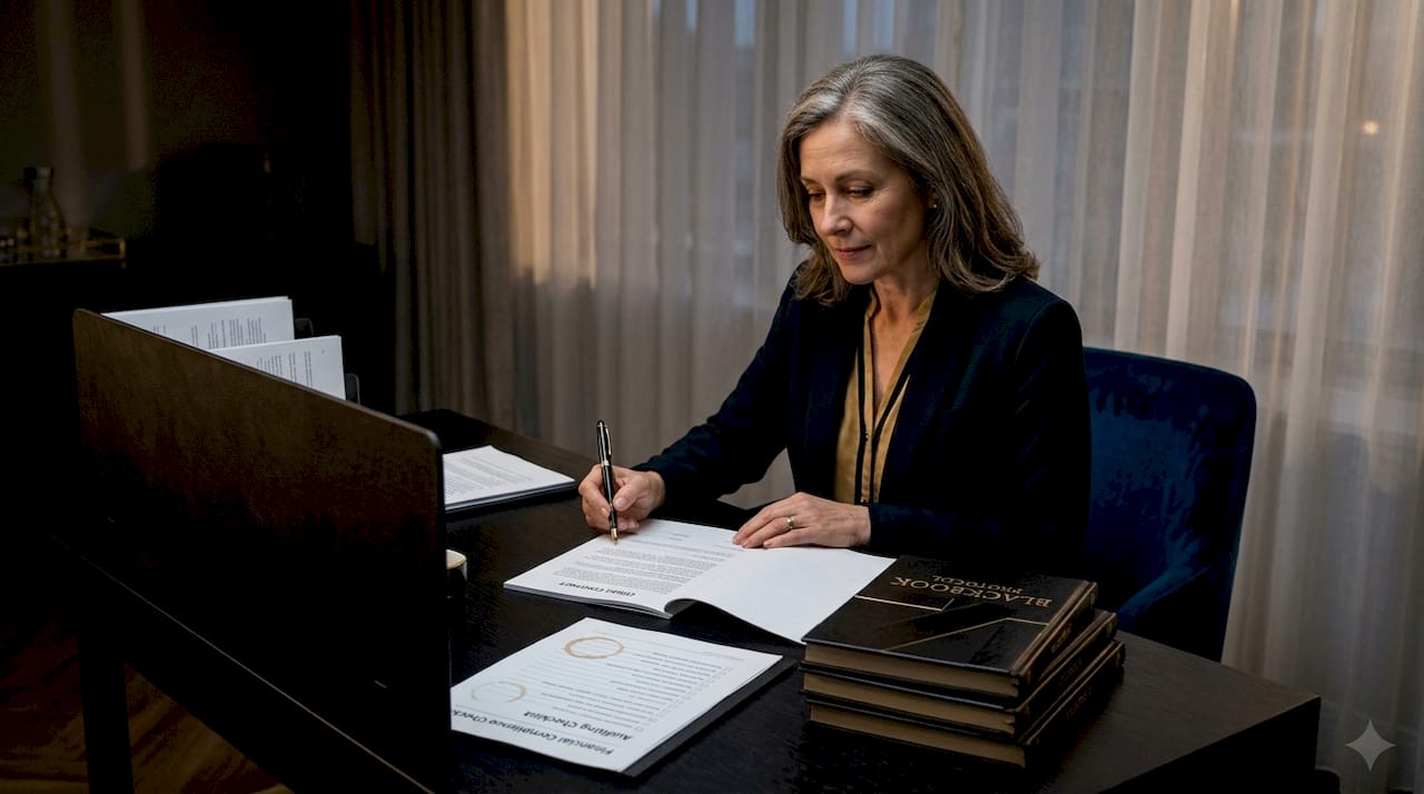 Advisor reviewing confidential documents at her desk