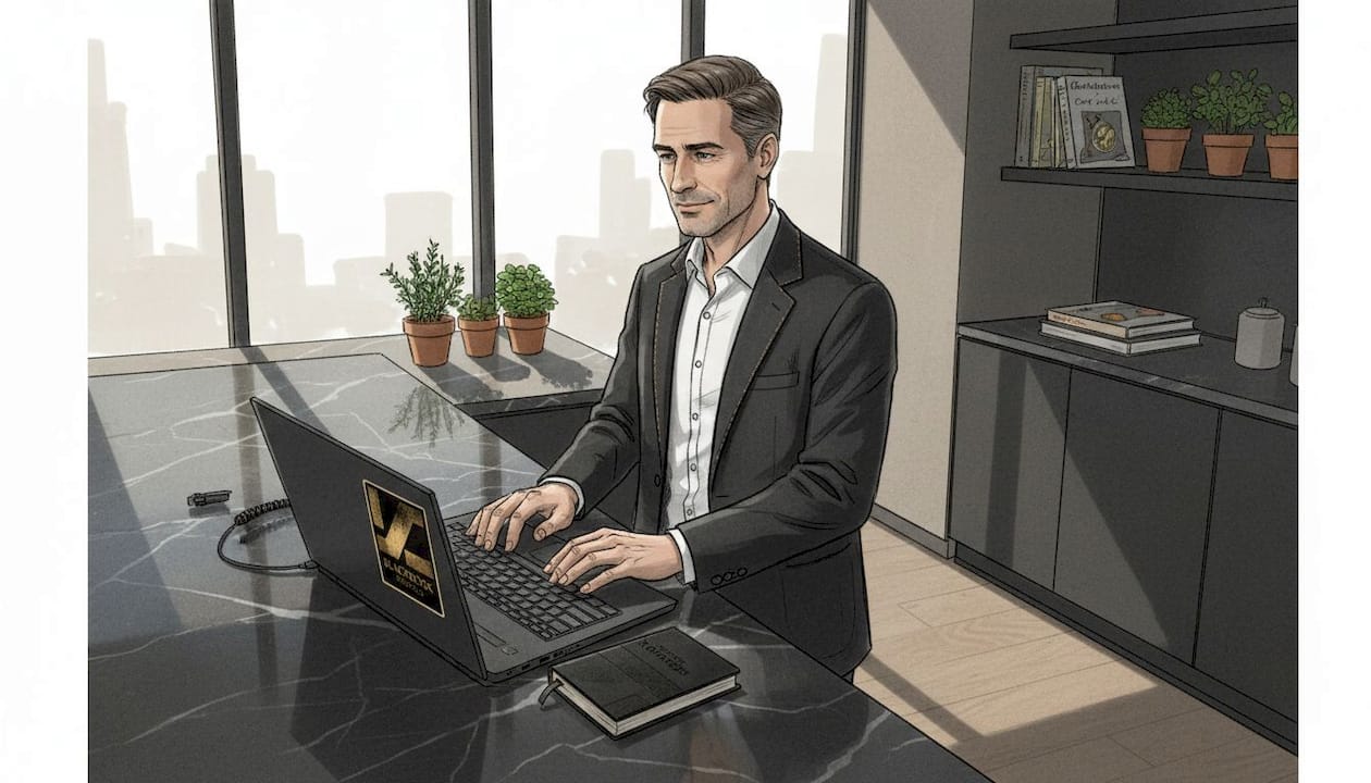 Man working on cryptography at desk in office