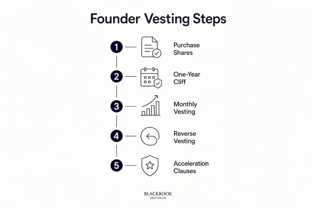 Infographic showing founder vesting schedule steps