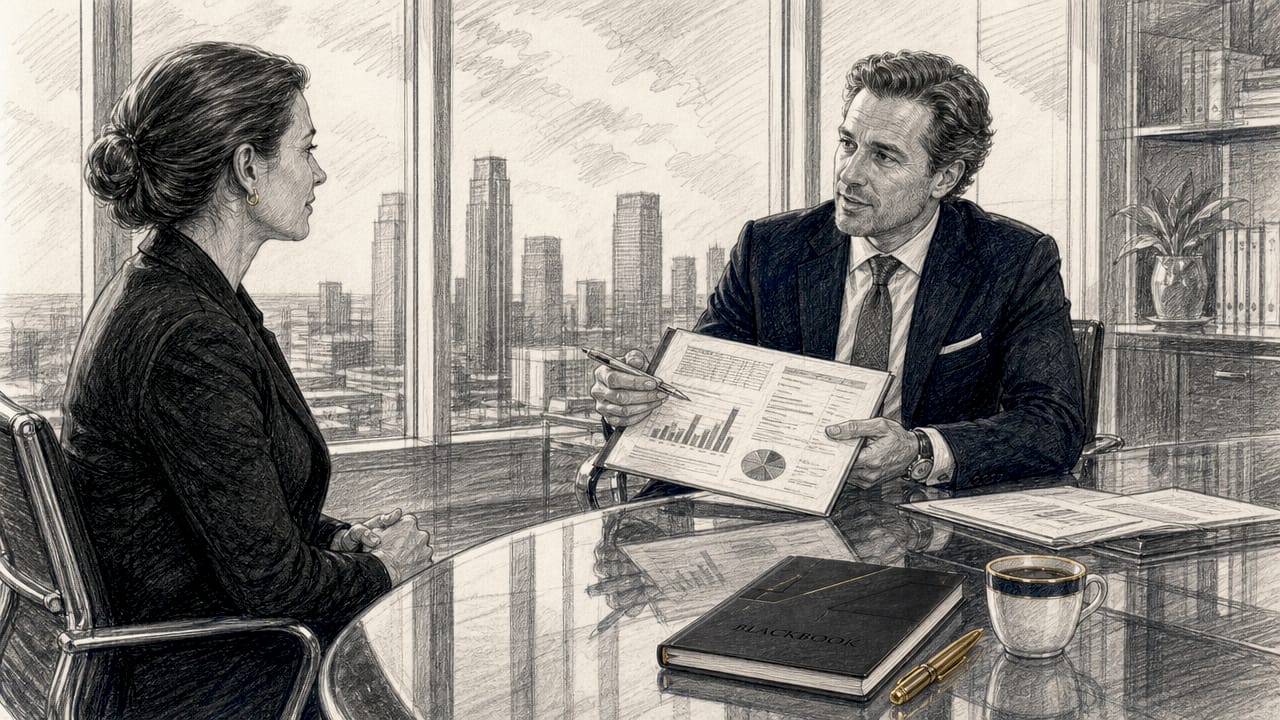 Advisor and client discussing portfolio documents