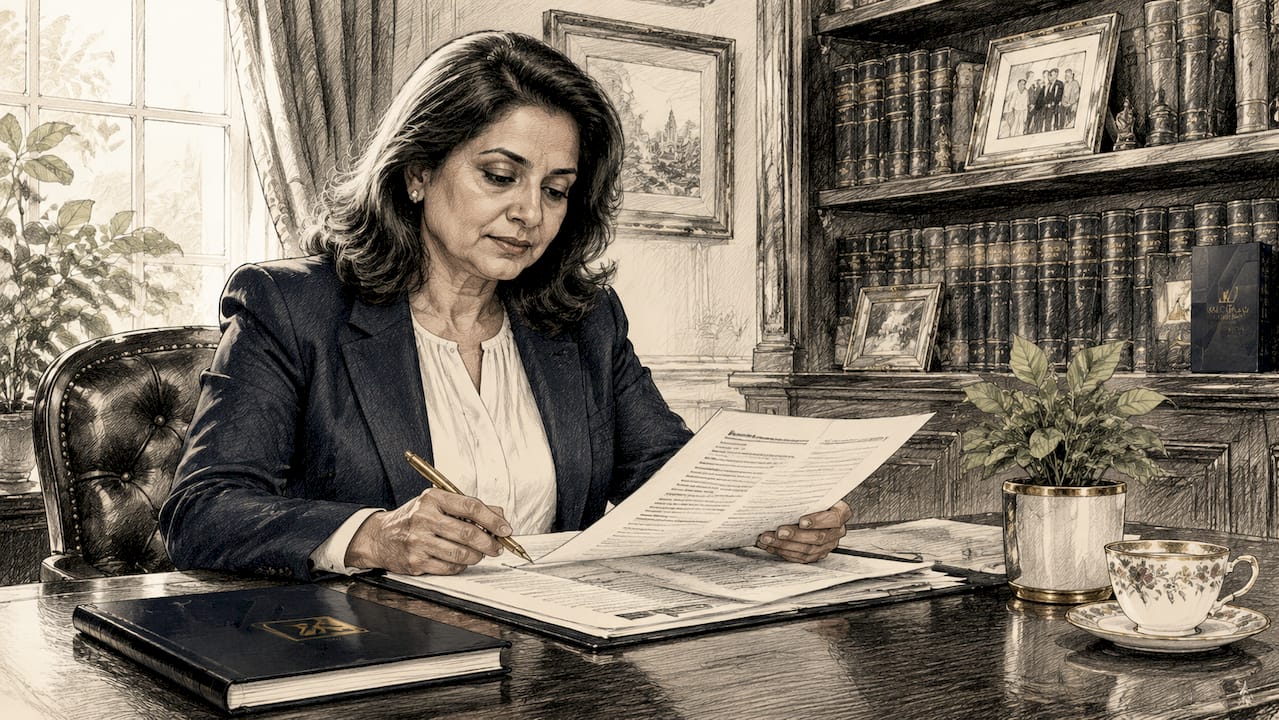 Trustee reviewing trust documents in home office