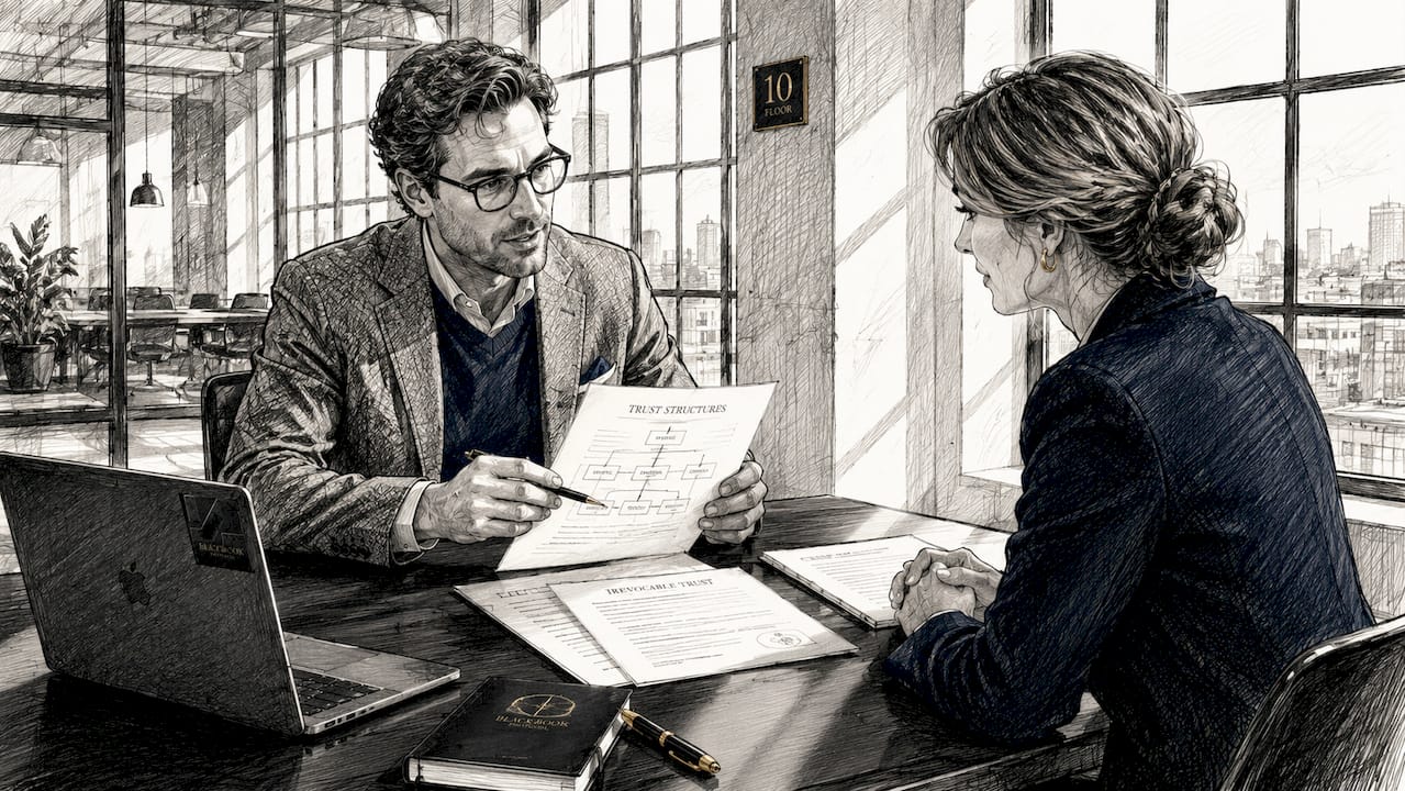 Advisor explaining trust types to client in office