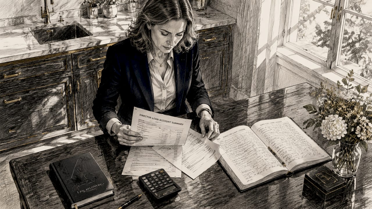 Woman reviewing director loan documents at desk