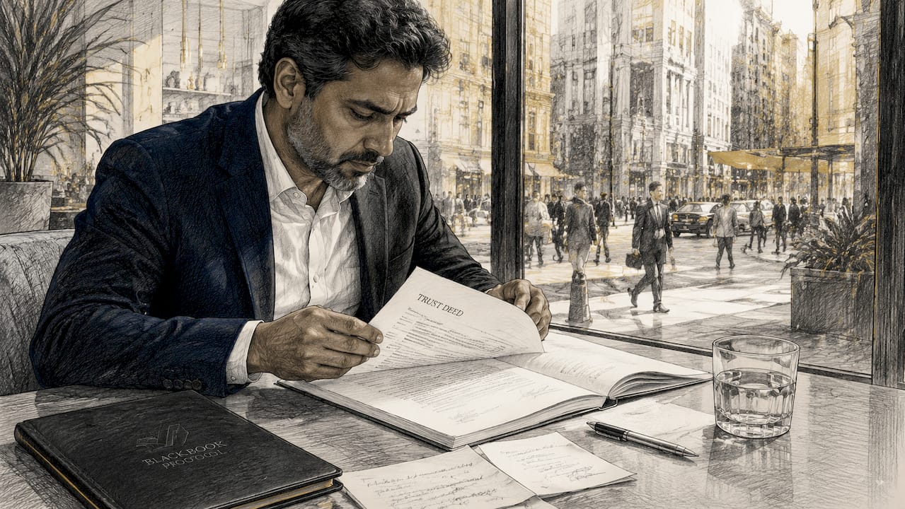 Man reviewing trust documents at desk