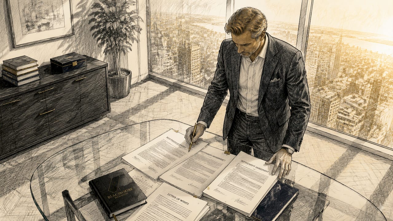 Founder reviewing legal trust documents at desk
