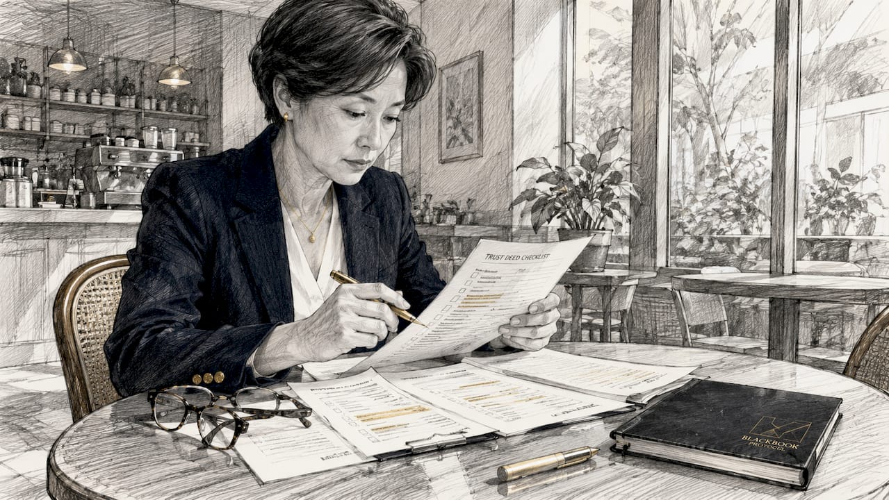 Professional woman reviewing trust deed checklist documents