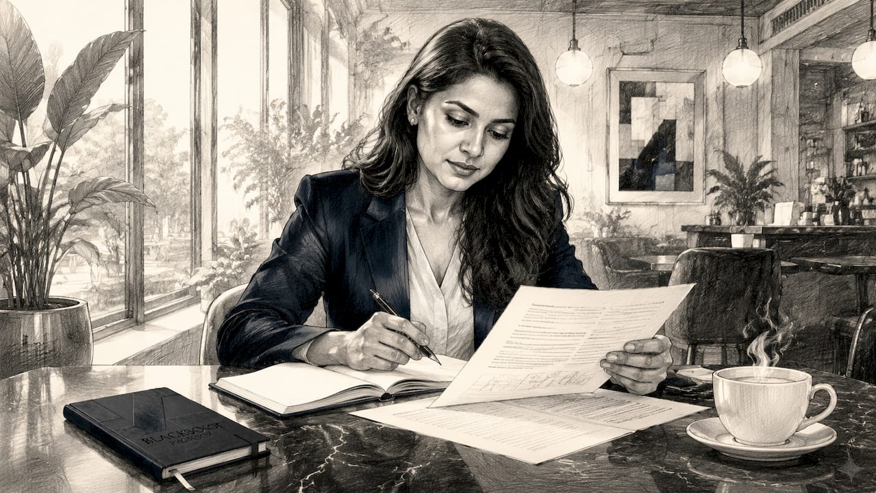 Entrepreneur studying legal documents at office desk