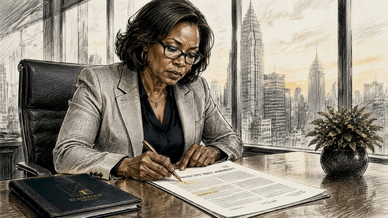 Woman reading protective trust documents at desk