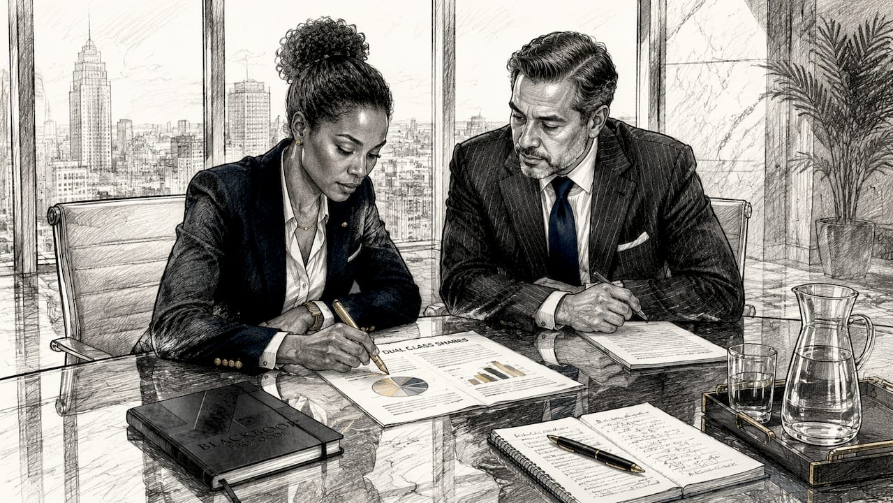 Two professionals discussing share documents