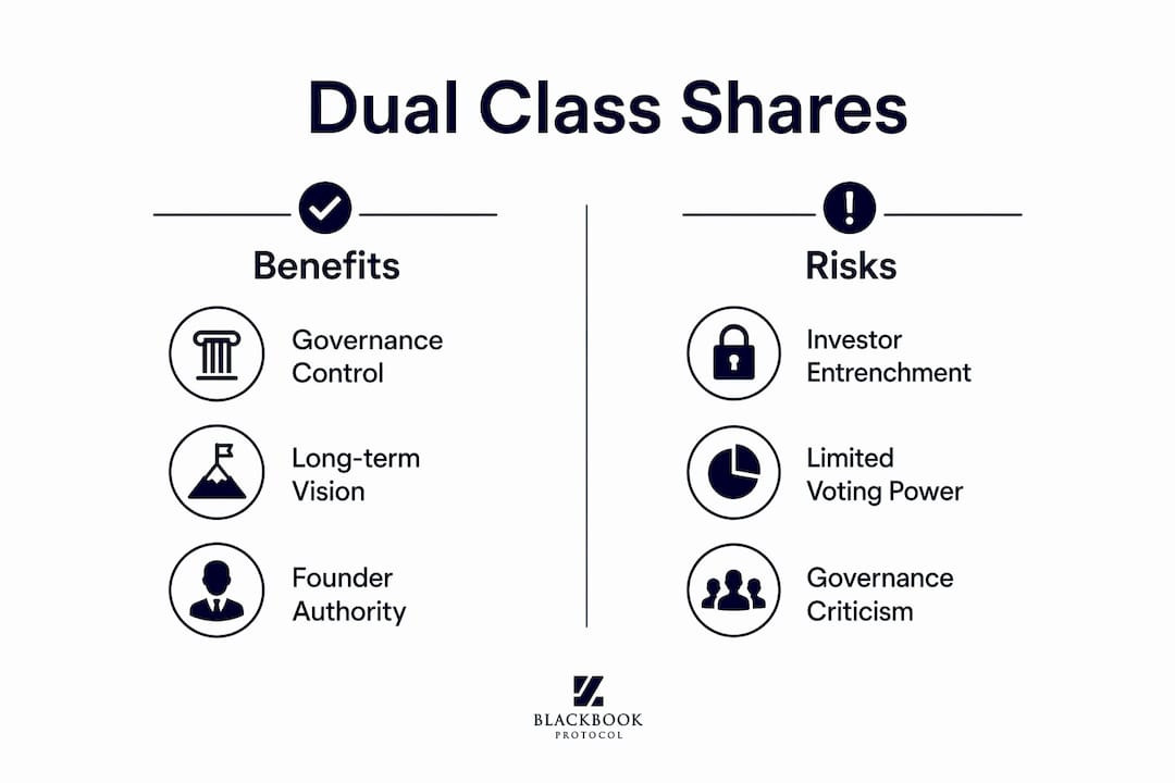 Infographic comparing benefits and risks of dual class shares