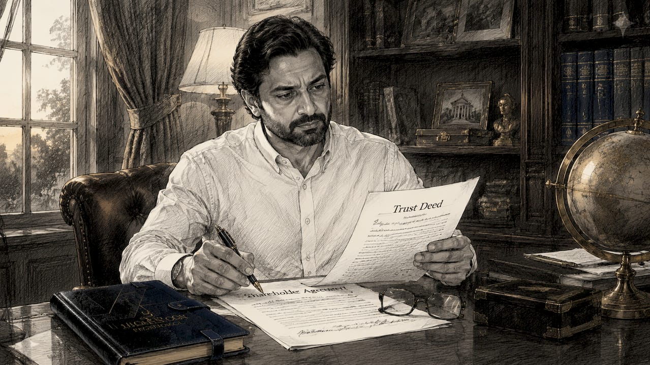 Founder reviewing trust and shareholder documents