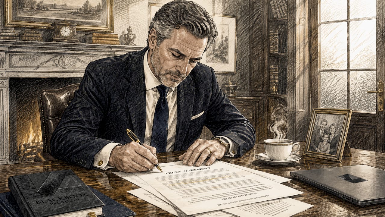 Professional reviewing trust documents at desk