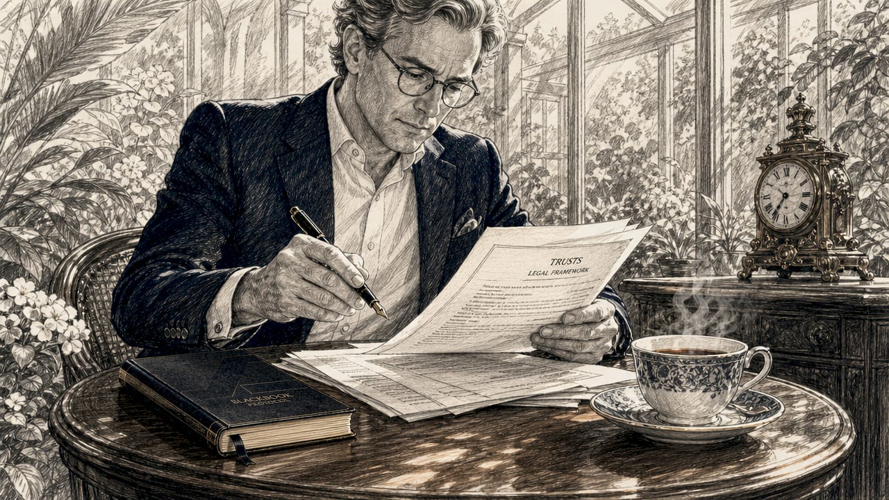 Man reading trust legal documents at desk