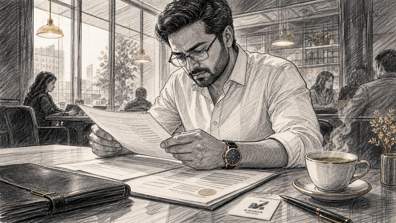 Entrepreneur reviewing trust documents at desk