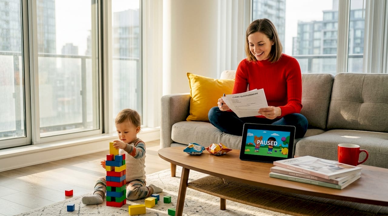 Mother filling out design brief with child nearby