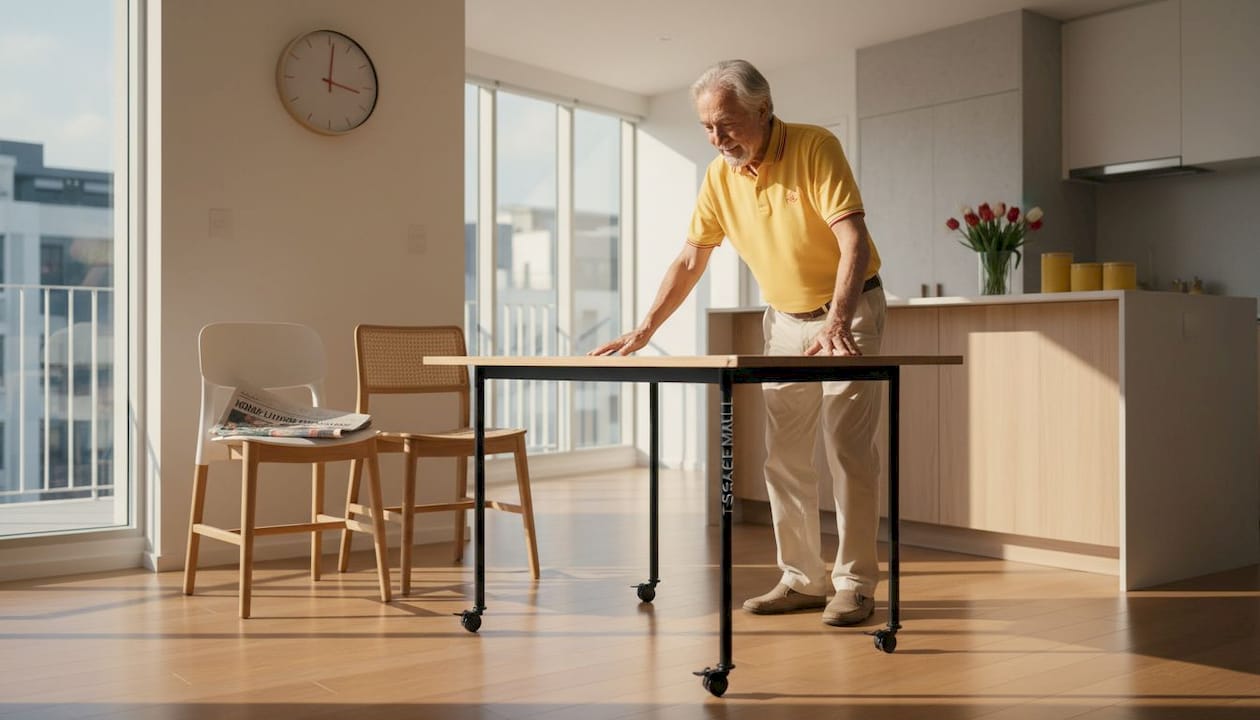 Man moving lightweight dining table across kitchen
