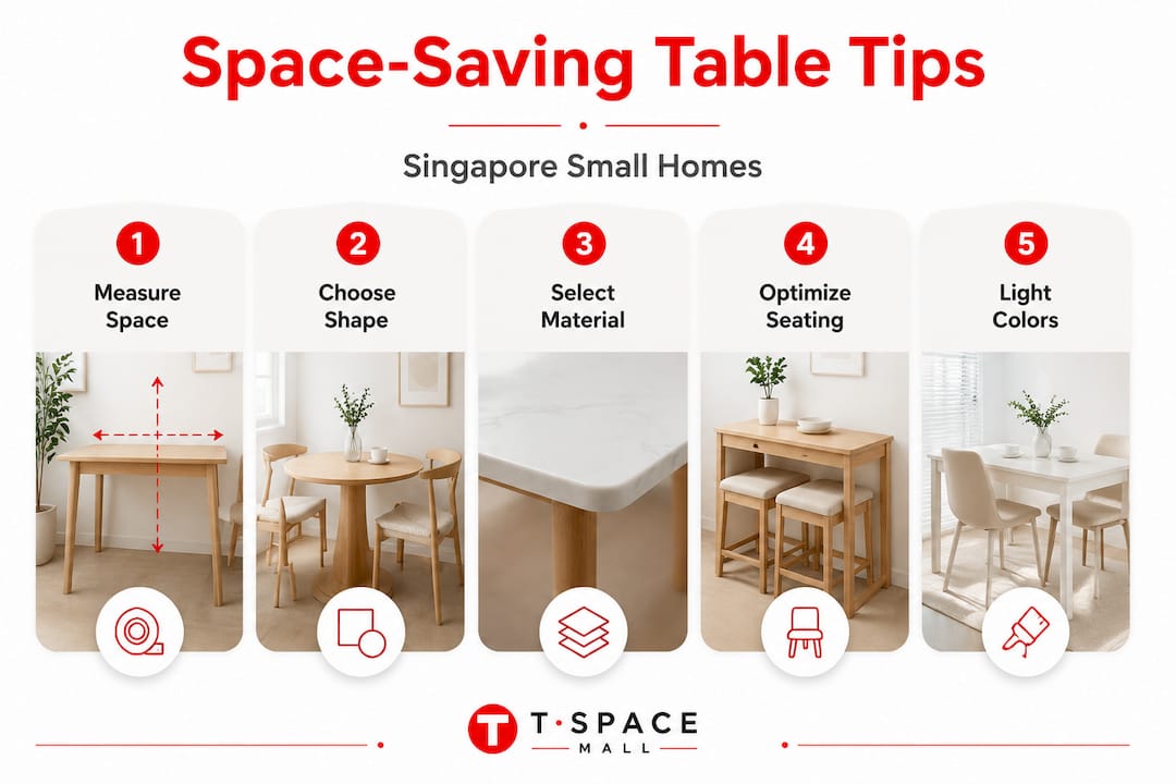 Infographic showing space-saving dining table steps
