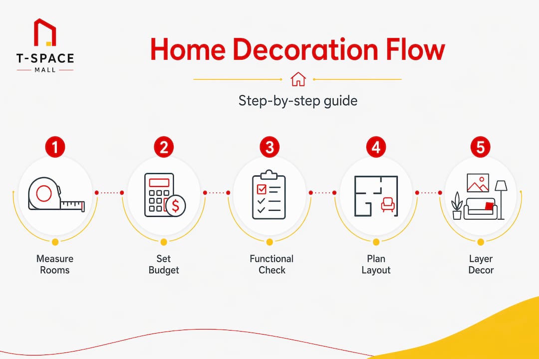 Infographic showing step-by-step home decoration flow
