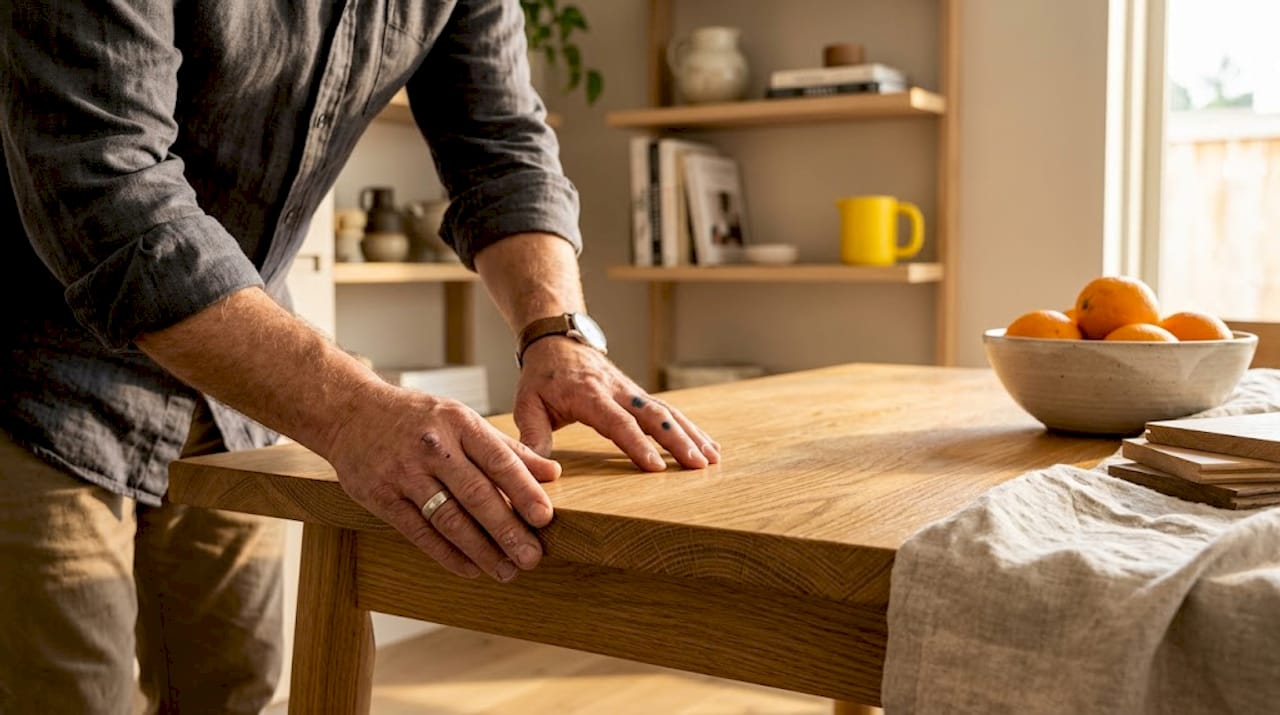 Hands touching solid wood Japandi table