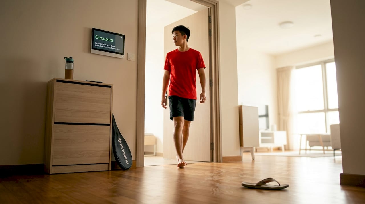 Man enters energy-efficient Singapore home