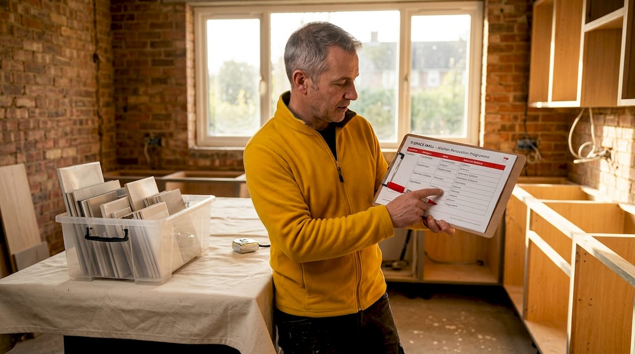 Manager checks finish schedule in renovation site