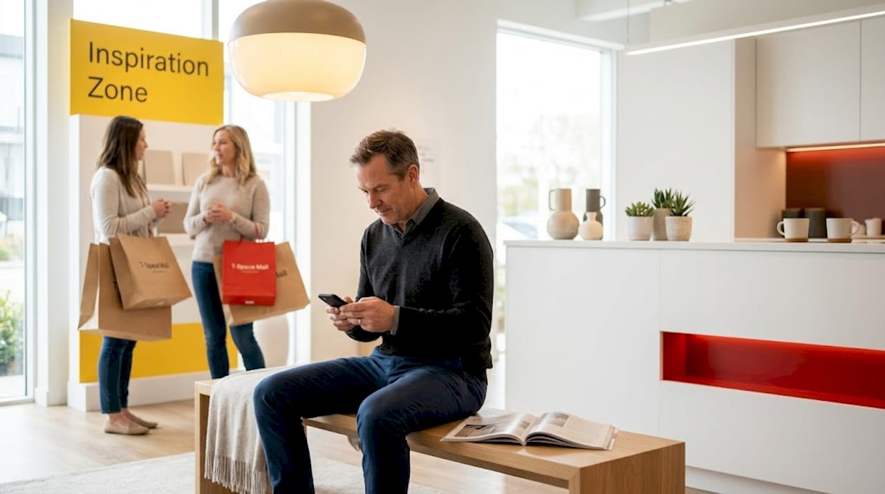 Shoppers relaxing under warm store lighting