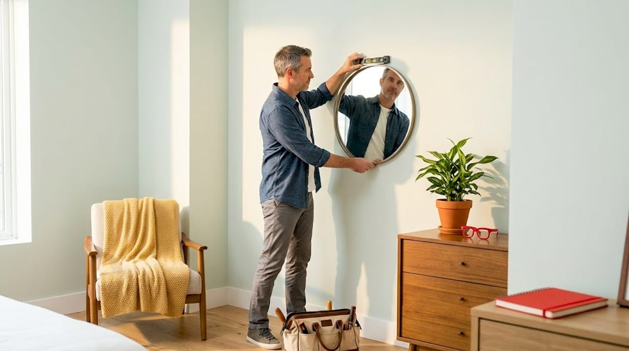 Man hanging mirror to boost natural room light