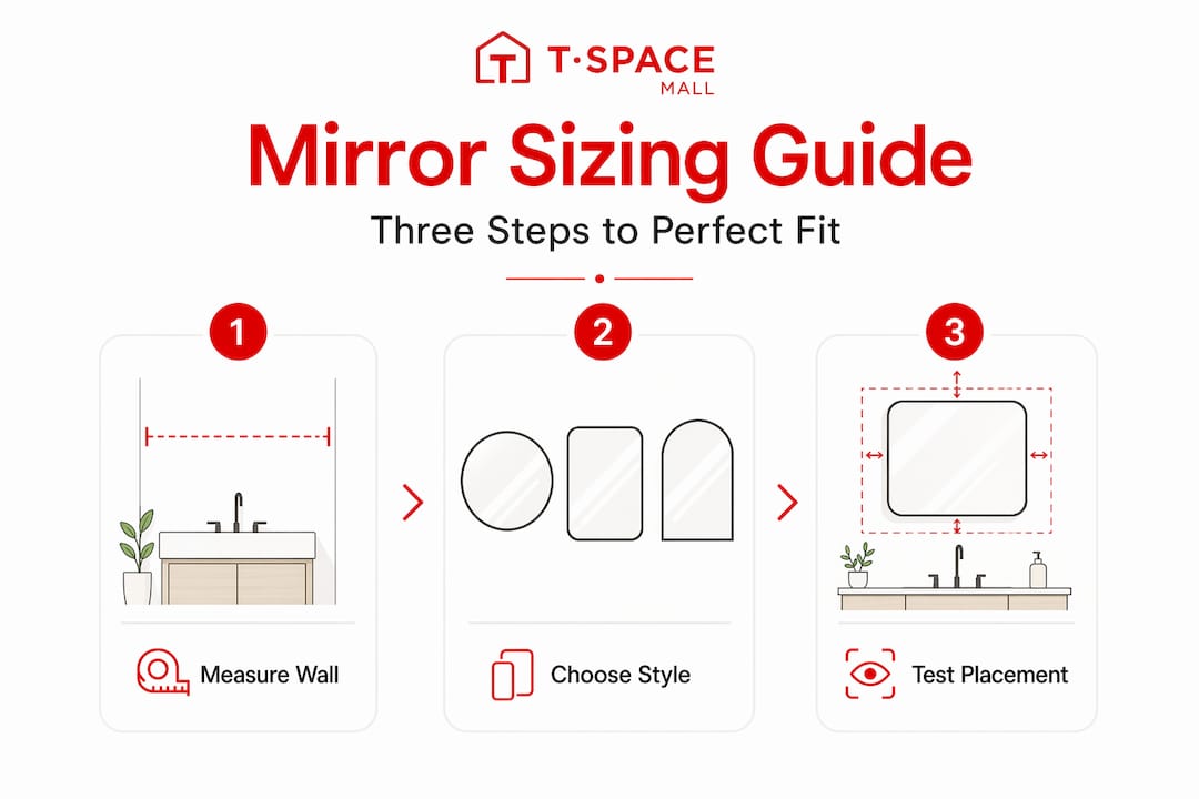 Step-by-step infographic for choosing mirror size and style