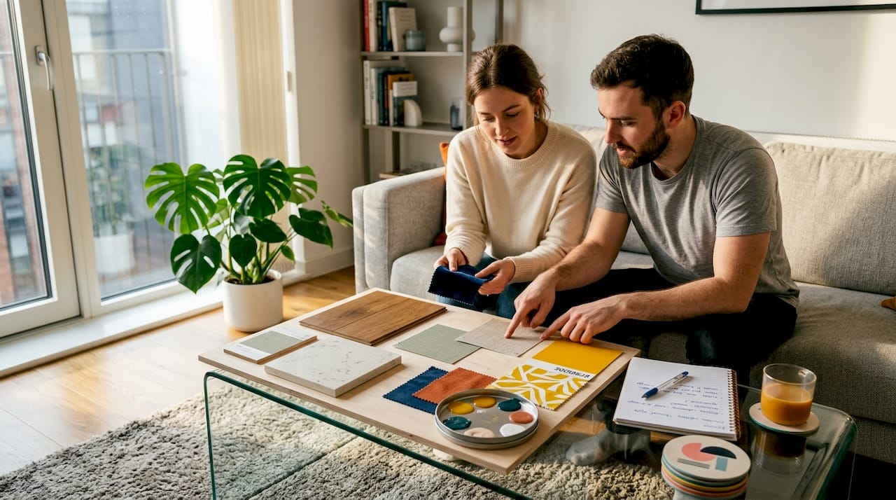 Couple reviewing concept board materials